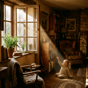 Sunlight through an open window illuminates a cozy rustic reading nook.
